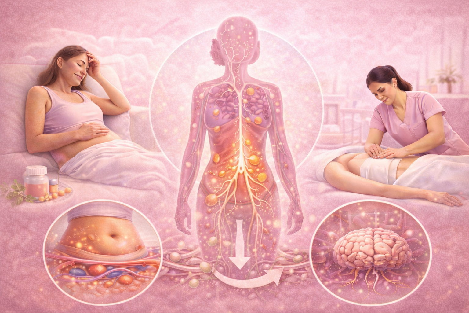 Hormone Treatment And Lymphatic Support Illustration of lymphatic support during hormone replacement treatment